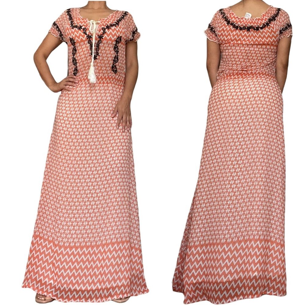Nu New York Womens Dress Small S Orange White Maxi Bohemian Lined Embroidered